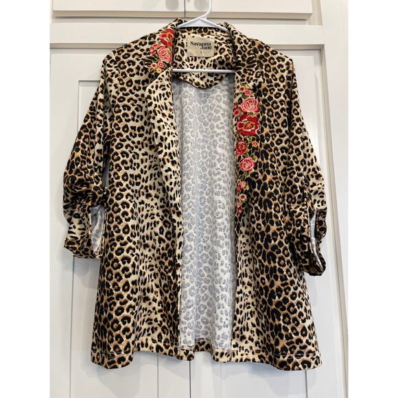 Savannah Jane Leopard Floral knit roll tab sleeve  blazer S - Picture 1 of 9